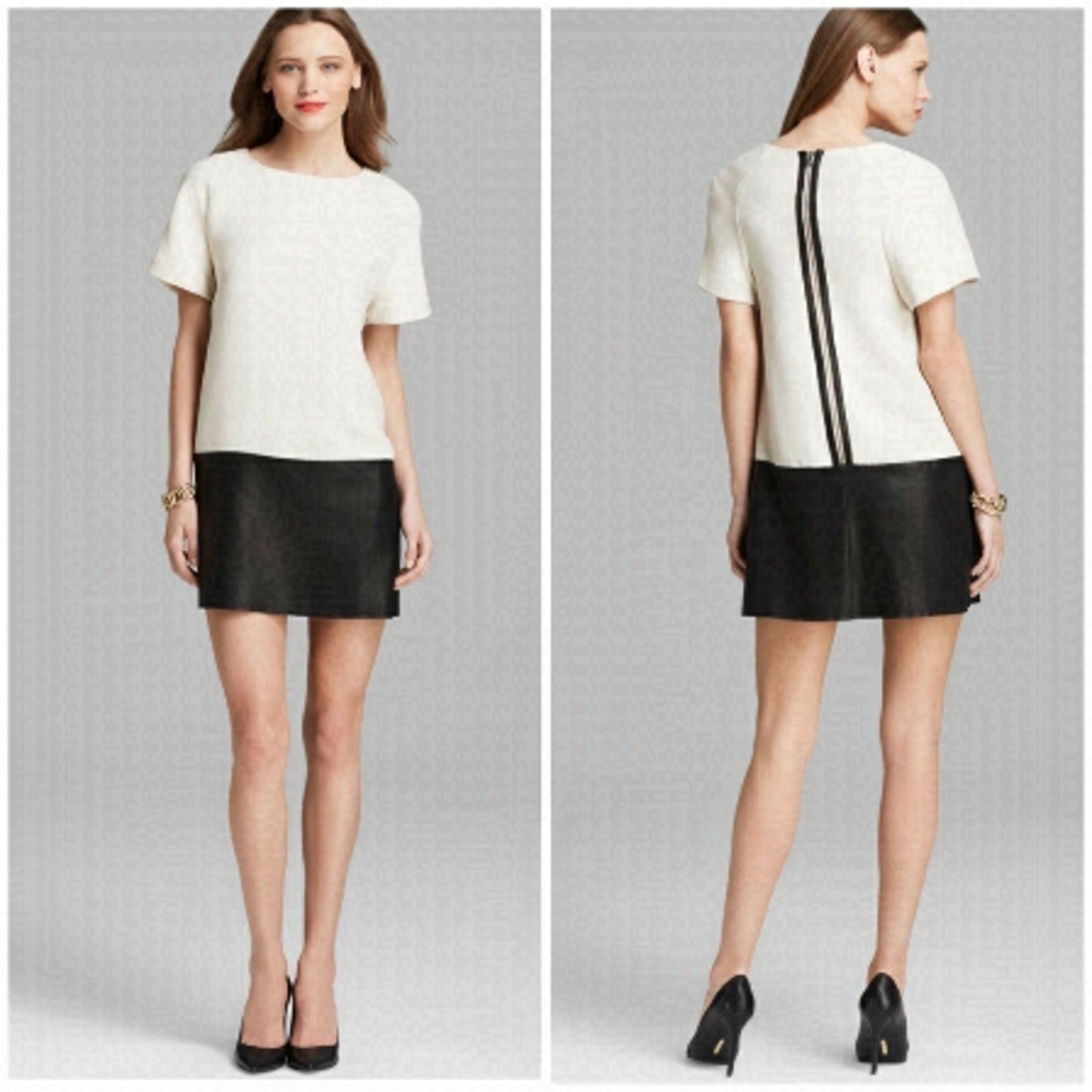 𝅺ALICE + OLIVIA Cream Black Lamb Leather Exposed Zipper Colorblock Shift Dress